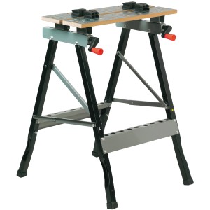 Werk- und Spanntisch mit schwarzem Gestell und Spannbacken, ideal für Werkstattarbeiten.