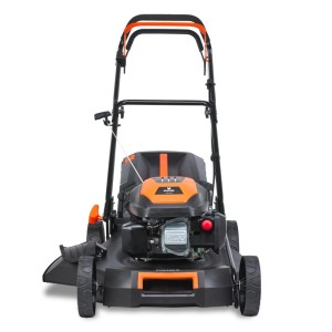 FUXTEC Benzin Rasenmäher FX-RM5170 in Schwarz-Orange, Frontansicht. Leistungsstarker 4in1 Mäher mit 51 cm Schnittbreite.