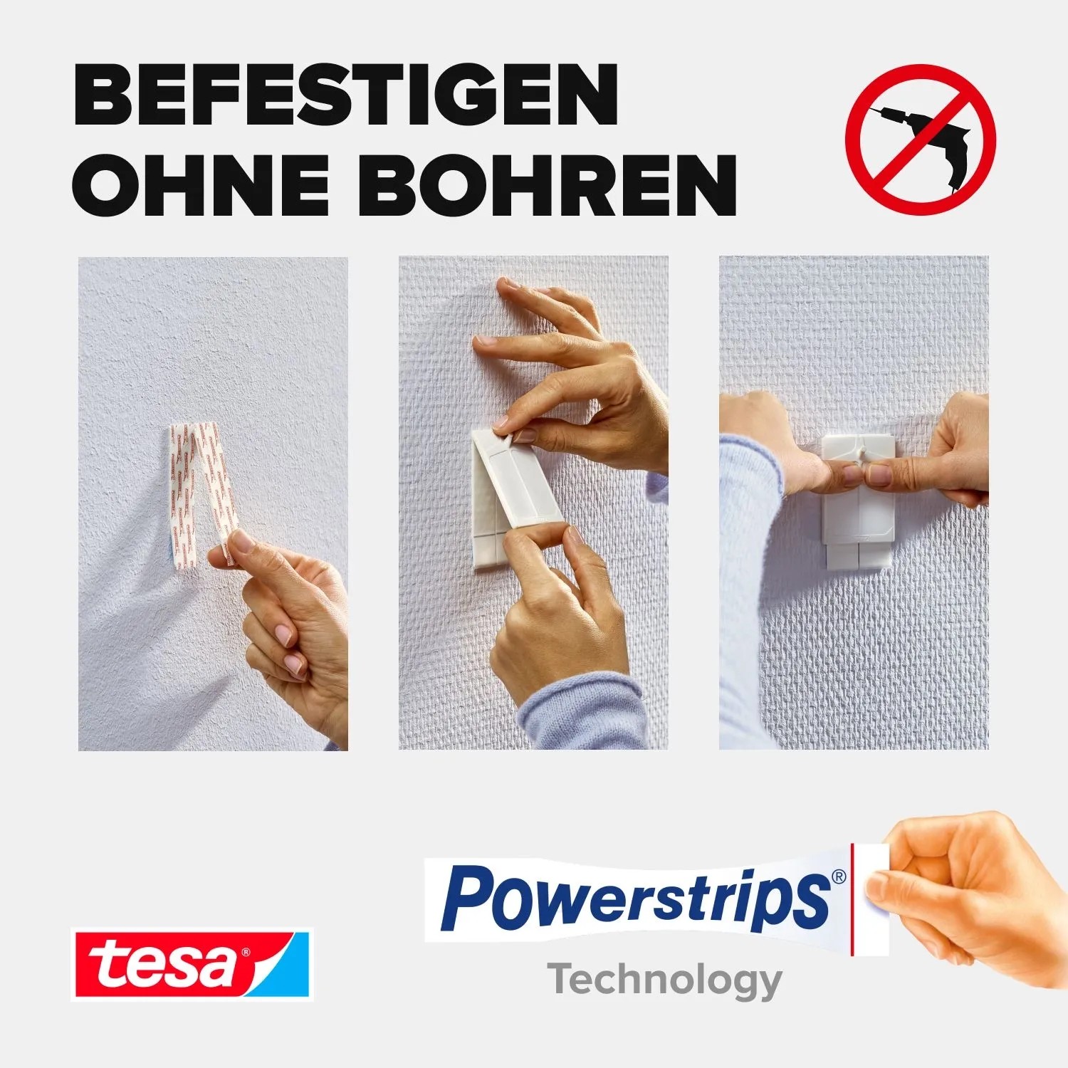 Anleitung: Tesa Klebenagel für Tapeten & Putz anbringen. Hände befestigen den Klebenagel ohne Bohren an strukturierter Wand.