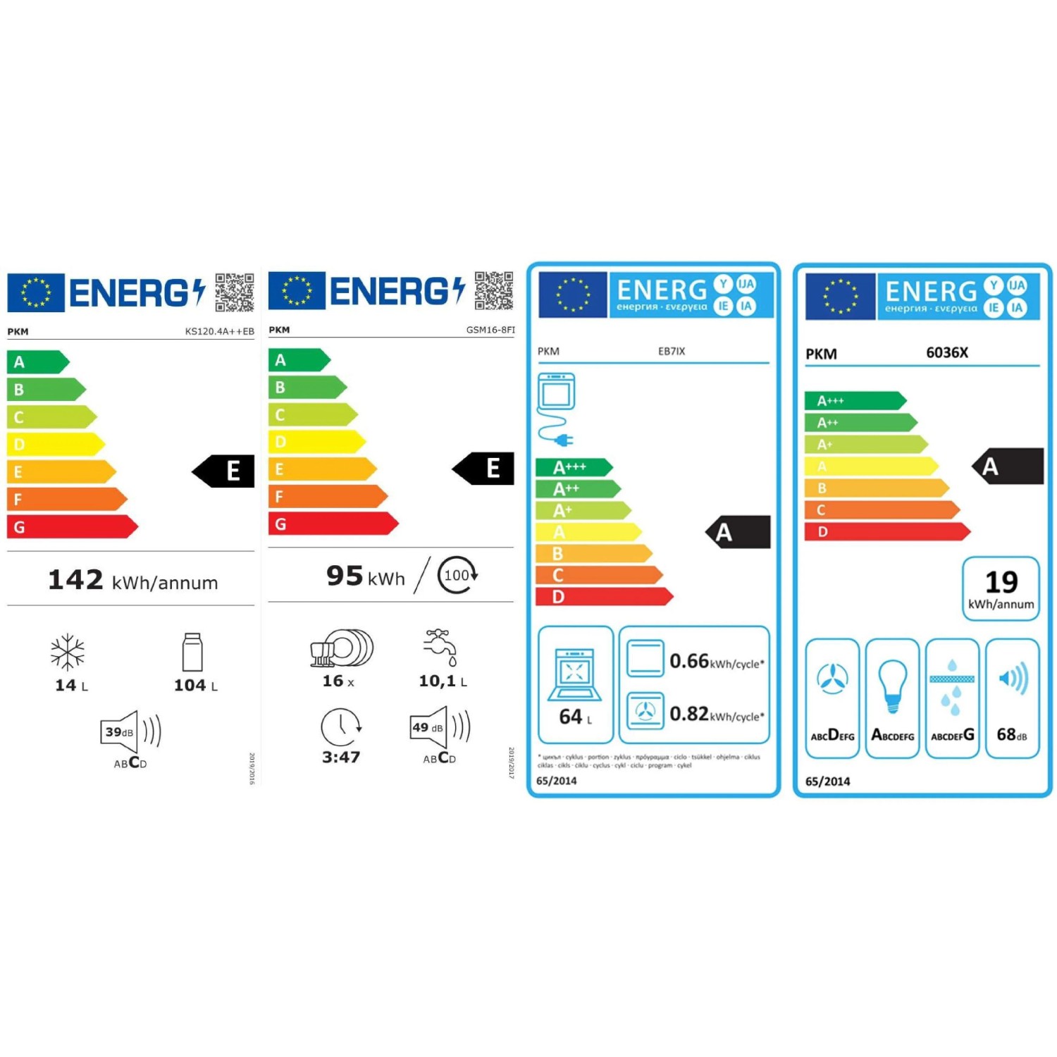 Energieeffizienzlabel für PKM Einbaugeräte der Küchenzeile Valero: Kühlschrank, Geschirrspüler, Backofen, Dunstabzugshaube.