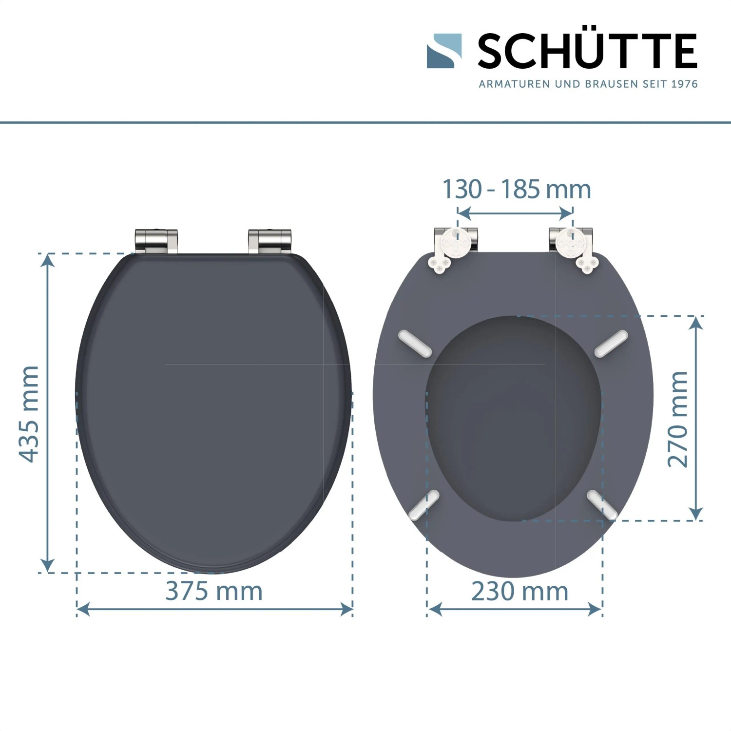 Schütte WC-Sitz Spirit Anthrazit MDF mit Absenkautomatik, Maße dargestellt.