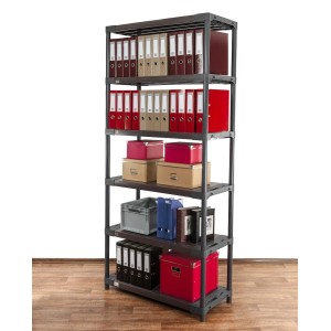 Graues PROREGAL Kunststoffregal Grey Bear Extra-Tall mit 6 Böden, beladen mit Ordnern und Boxen.