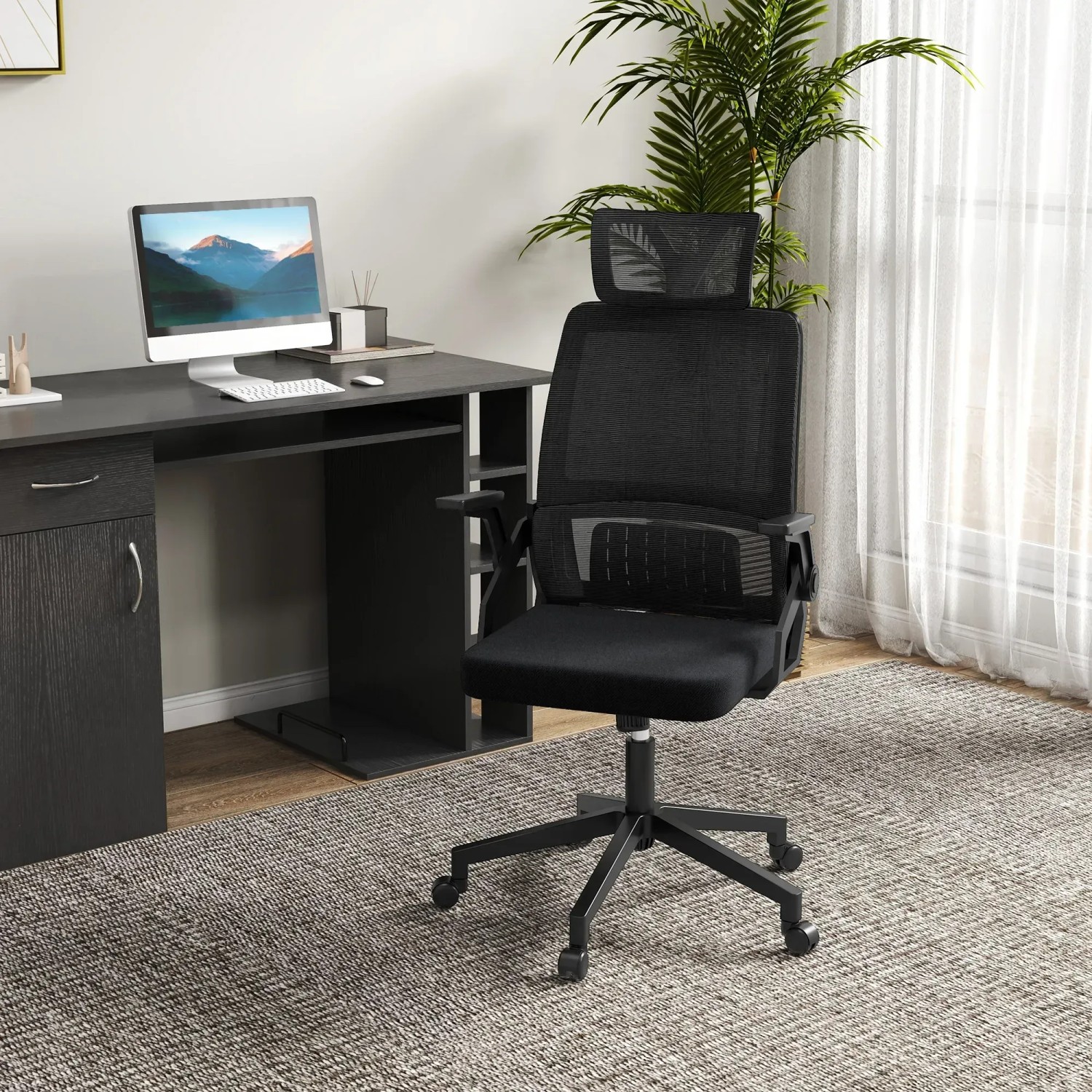 Vinsetto Bürostuhl Schwarz mit Mesh-Rückenlehne, Wippfunktion und verstellbarer Höhe.