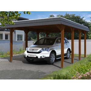 Skan Holz Carport Spreewald, Nussbaum, mit Auto. Einzelcarport mit schwarzer Blende und Flachdach.