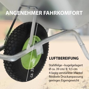 Detailaufnahme Schubkarre: Luftrad mit Stahlfelge, ca. 39cm Durchmesser.