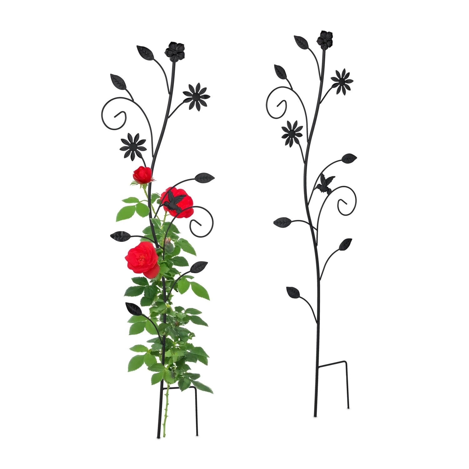 Relaxdays Rankhilfe Blumendesign 2er Pack Stahl Schwarz mit Erdspieß Wetterbeständig 110 cm x 34 cm x 1 cm 400 g
