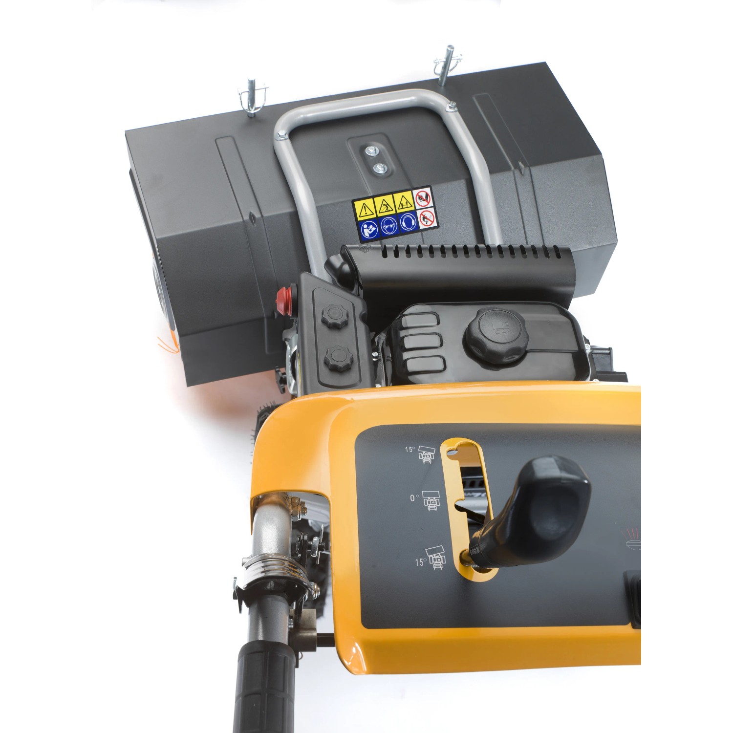 Detailaufnahme der Stiga Benzin-Kehrmaschine SWS 800 GE mit Elektrostart, Fokus auf Bedienelemente und Motor.
