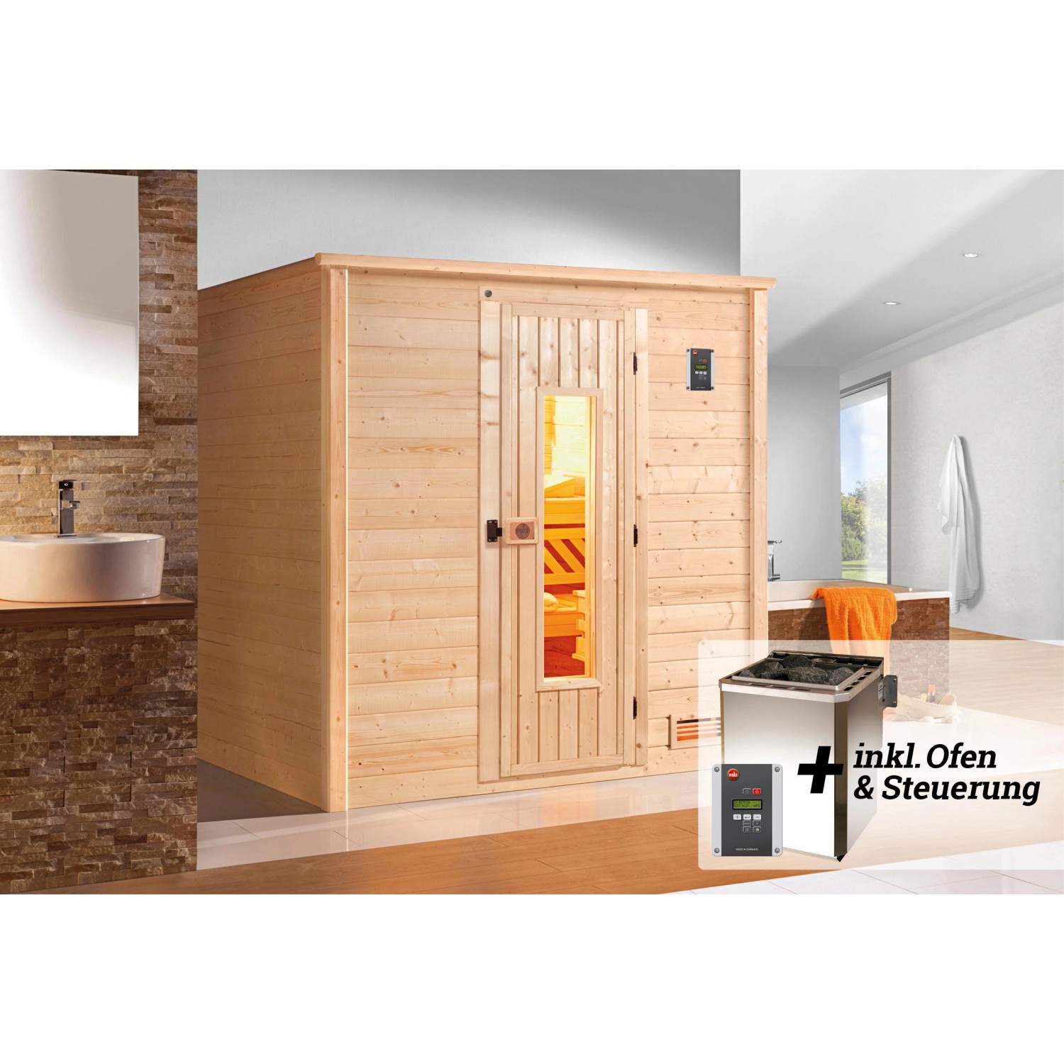 Weka Premium Massivholz-Sauna Bergen 1 Sparset 7,5 kW BioS digi. Strg Holztür