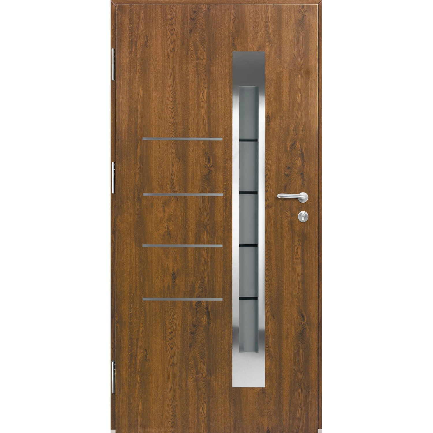 Splendoor Haustür Berlin Prime in Nussbaum mit Glasausschnitt und Edelstahl-Applikationen.
