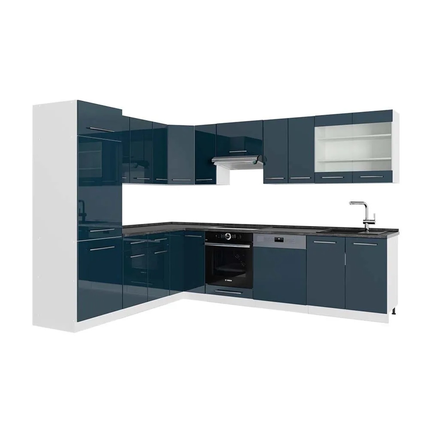 Vicco Eckküche Fame-Line Dunkelblau Hochglanz/Weiß 287 x 82, AP Anthrazit