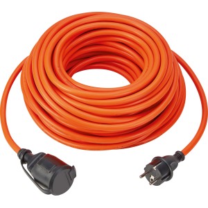 Aufgerolltes, oranges 25 m Verlängerungskabel mit schwarzem Stecker und Schutzkontakt-Kupplung IP44.