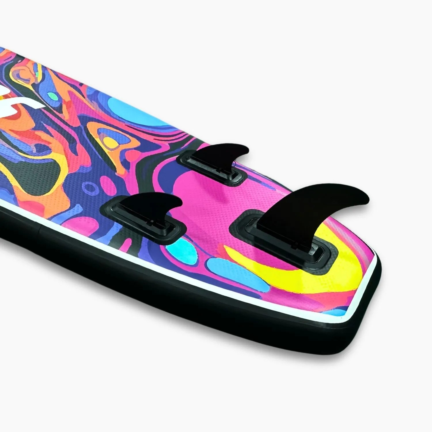 Suprfit SUP Board Water Marble mit 3 schwarzen Finnen. Farbenfrohes, marmoriertes Design in Orange, Türkis, Blau.