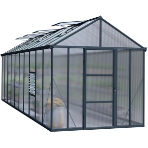 Palram Canopia Glory Gewächshaus, 6x2.5 m, anthrazit mit Stegplatten, Dachfenster geöffnet.