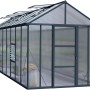 Palram Canopia Glory Gewächshaus, 6x2.5 m, anthrazit mit Stegplatten, Dachfenster geöffnet.