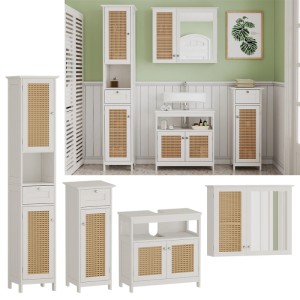 Vicco Badmöbel-Set Rosario, 4-teilig, weiß mit Rattangeflecht: Hochschrank, Spiegelschrank, Waschbeckenunterschrank.