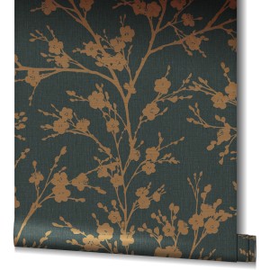 Marburg Vliestapete Ivy Nov Floral Gold: Rolle Dekorative Tapete mit goldenem Blumenmuster auf dunklem Grund.