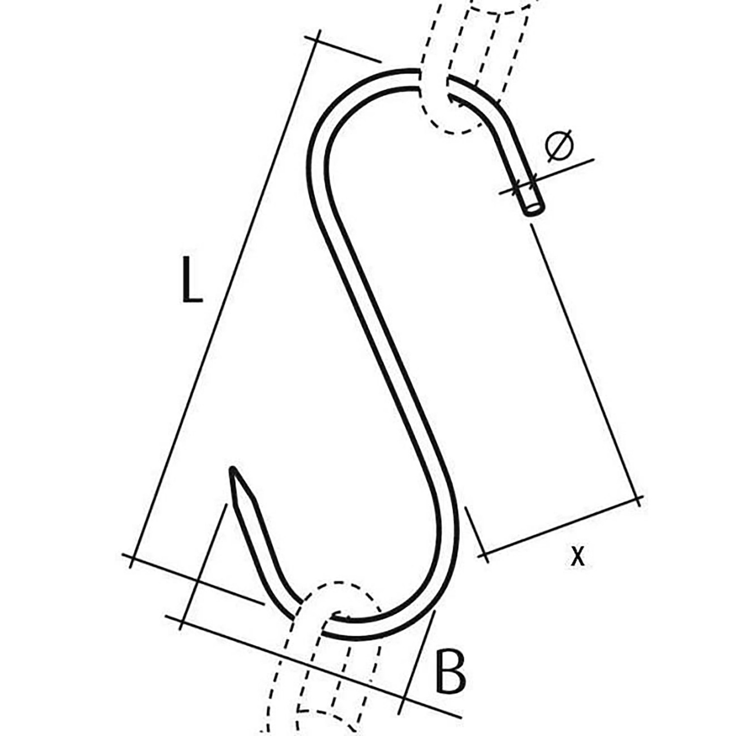 Technische Zeichnung Conacord S-Haken, Stahl, 5,2 x 140 mm, Edelstahl-Beschläge.