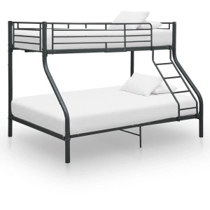 Schwarzes vidaXL Etagenbett aus Metall (140x200/90x200 cm) mit Leiter und Rausfallschutz.
