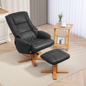 Schwarzer HOMCOM Relaxsessel aus Kunstleder mit Hocker, Liege- und Wippfunktion, auf Holzgestell.
