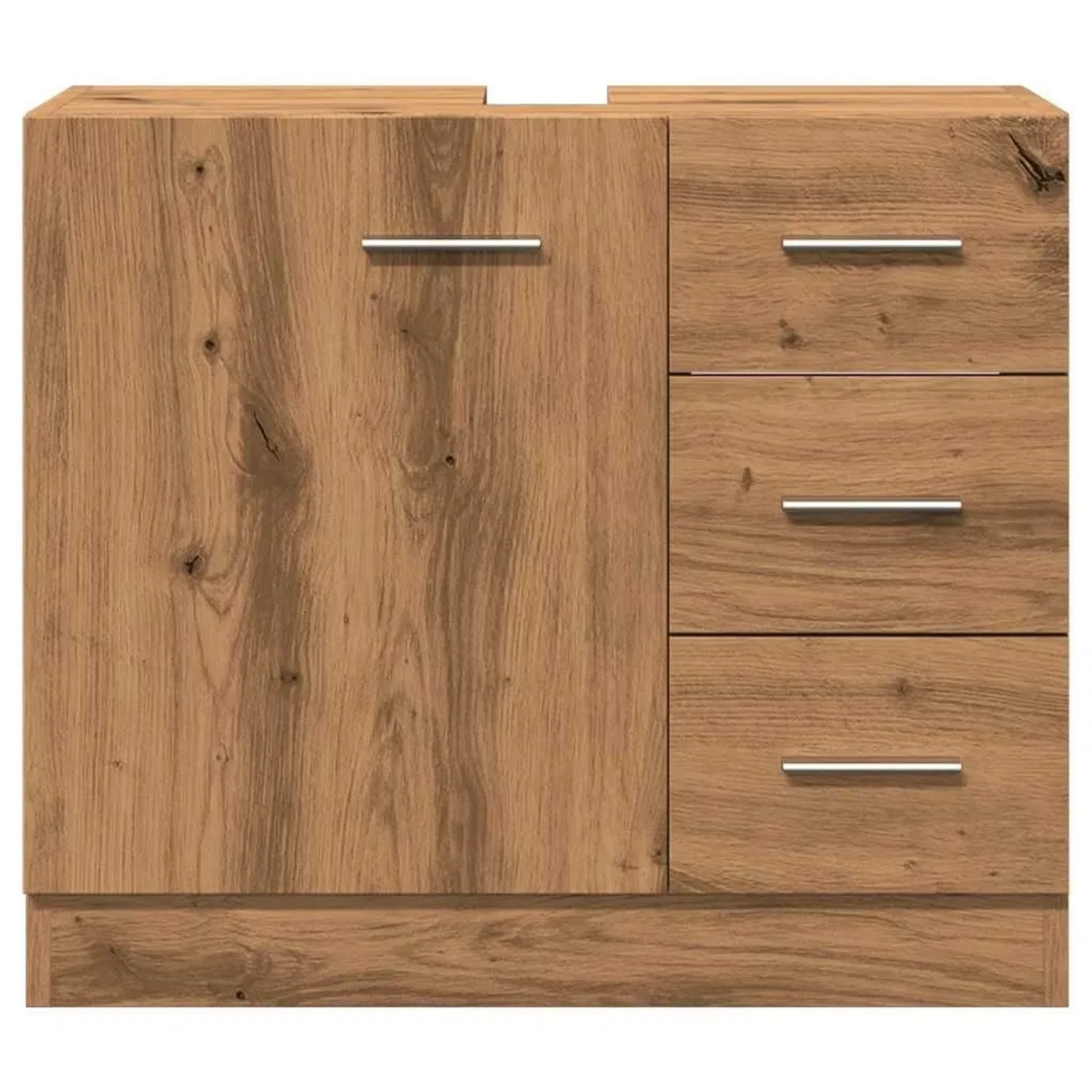 Waschbeckenschrank Artisan-Eiche aus Holzwerkstoff mit Tür, 3 Schubladen und Aussparung für Waschbecken.