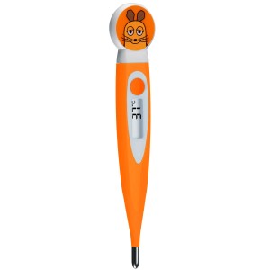 Digitales Fieberthermometer im Maus-Design, orange, mit Display und flexibler Spitze für Kinder.