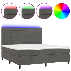 Dunkelgraues vidaXL Boxspringbett mit LED, Matratze und Topper, Samtbezug.