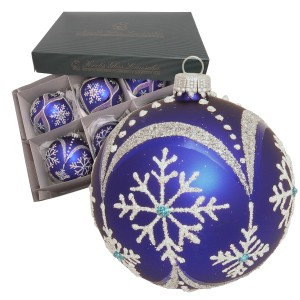 6er-Set blaue Krebs Glas Lauscha Weihnachtskugeln (8cm) mit Schneeflocken.