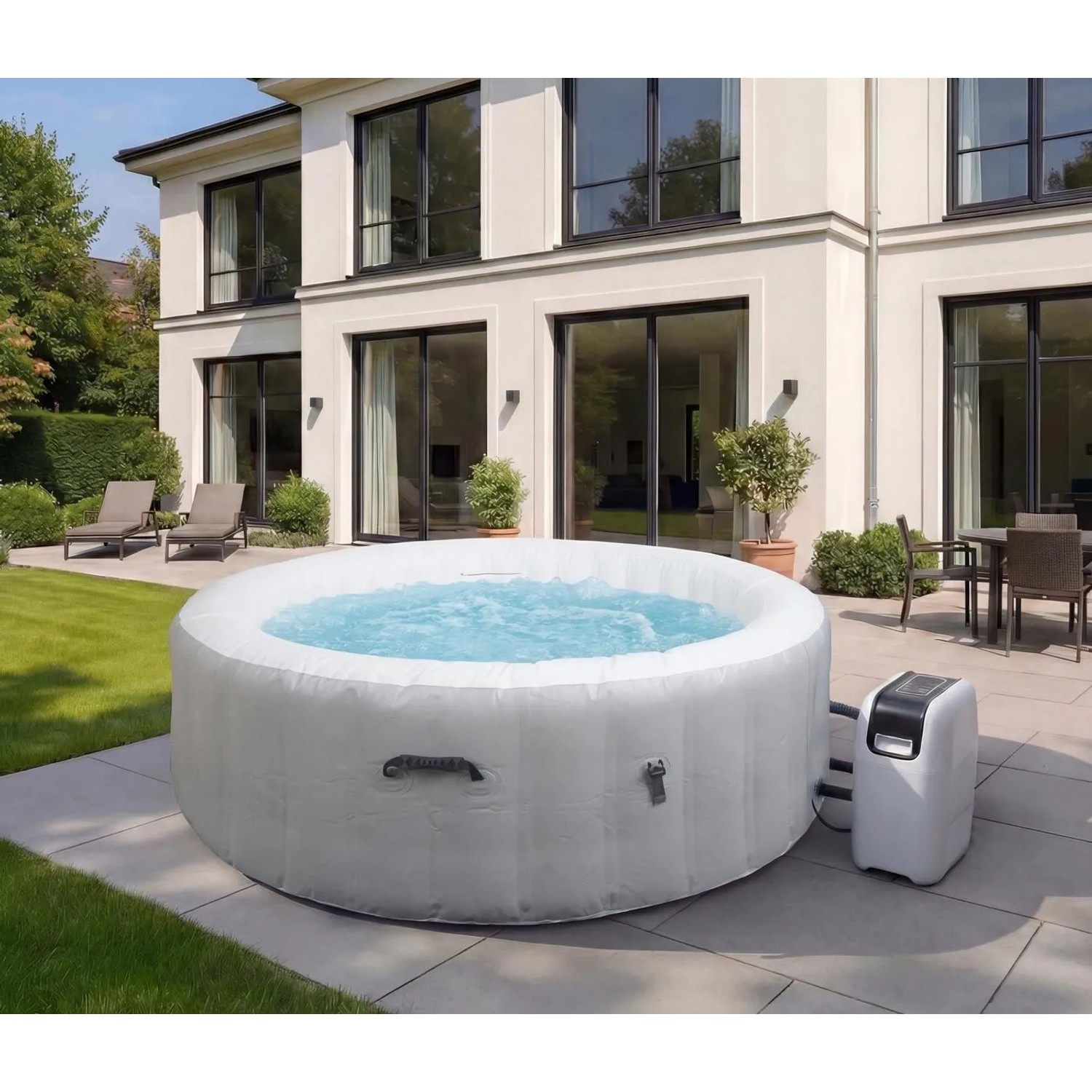 Aufblasbarer, runder, grau-weißer MCW Whirlpool N97 für 4 Personen im Garten.