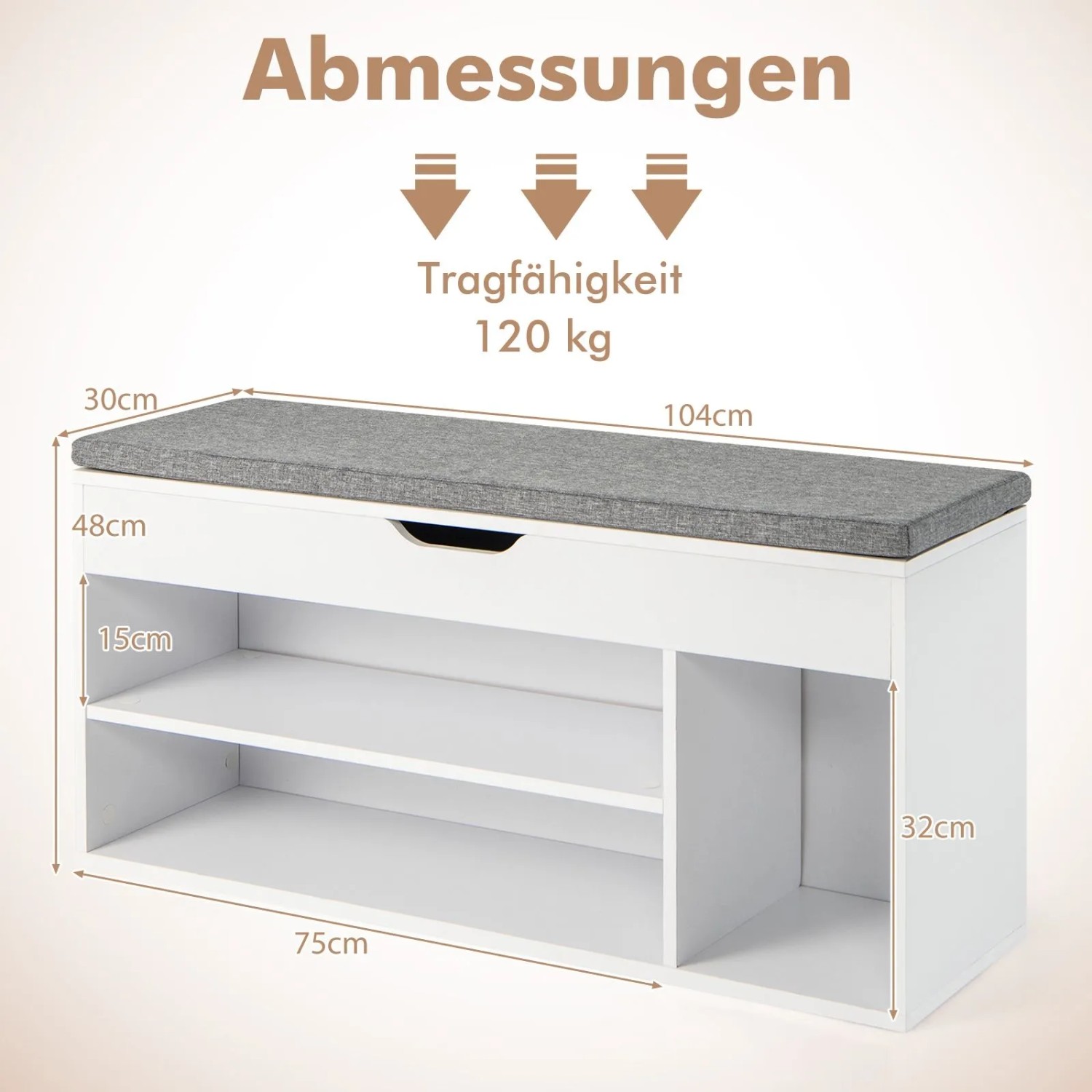 Weiße Schuhbank mit grauem Sitzkissen, Stauraum und offenen Fächern. Maße und 120 kg Tragfähigkeit sind sichtbar.