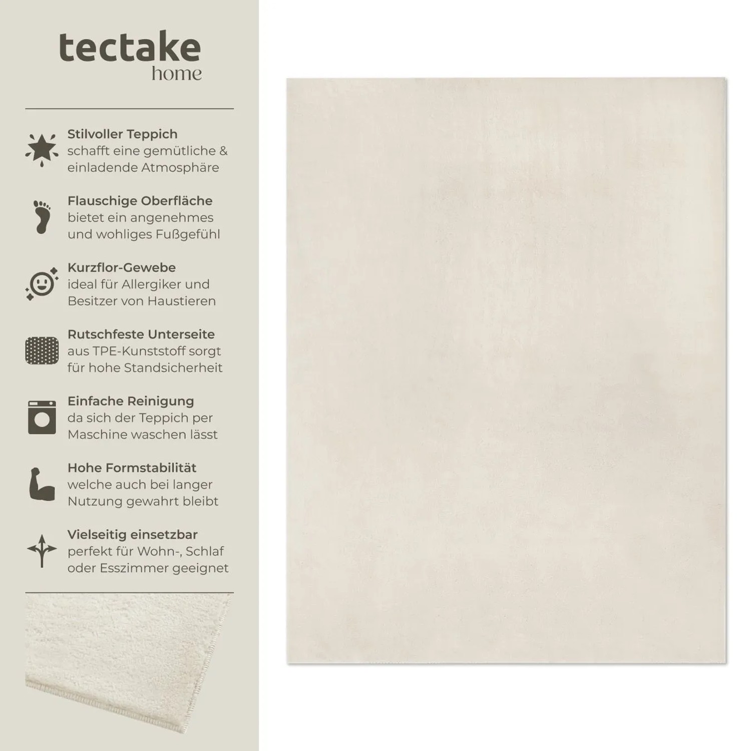 Tectake Kurzflorteppich Soft Zone Verschiedene Größen und Farben Flauschige Oberfläche  1630 G M² Florgewicht 200 x 290 cm 200 x 290 x 1 50 cm Creme_2