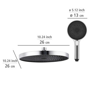 Verchromtes Wenko Duschsystem Softwater: runder Regenduschkopf (26 cm) und ovale Handbrause (13 cm) mit Düsen.