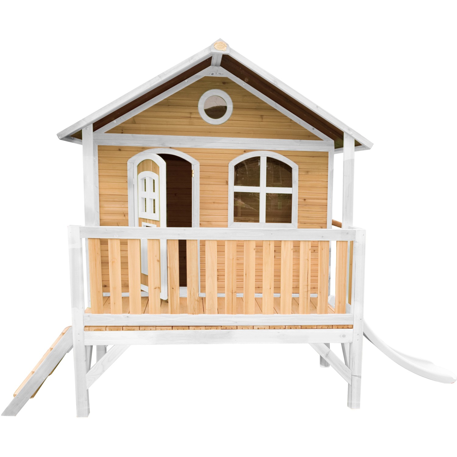 Axi Stef Spielhaus aus Holz in Braun-Weiß mit Rutsche, Leiter und Veranda.