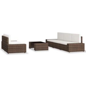 Braunes 6-tlg. vidaXL Garten-Lounge-Set aus Poly Rattan mit Tisch und cremeweißen Polstern.