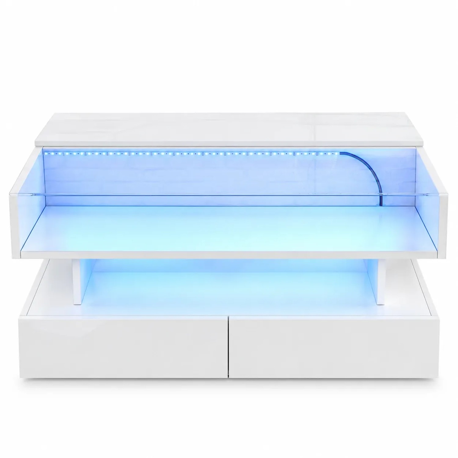 Merax Couchtisch Höhenverstellbar mit LED 2 Schubladen Stauraum Hochglanz Weiß