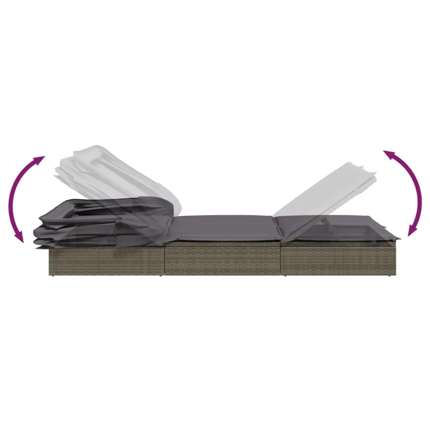 Graue 2-Personen-Sonnenliege mit verstellbarem Dach aus Polyrattan, geeignet für Garten oder Terrasse.