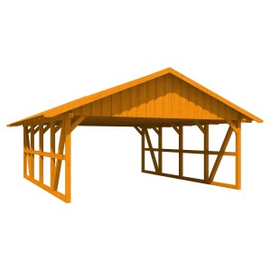 Skan Holz Carport Schwarzwald, Eiche, mit Dachschalung. Fachwerk-Bauweise mit Satteldach.