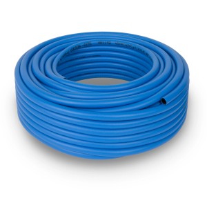 Aufgerollter, blauer EBERTH Druckluftschlauch, 30m lang, für Kompressoren und Druckluftwerkzeuge.