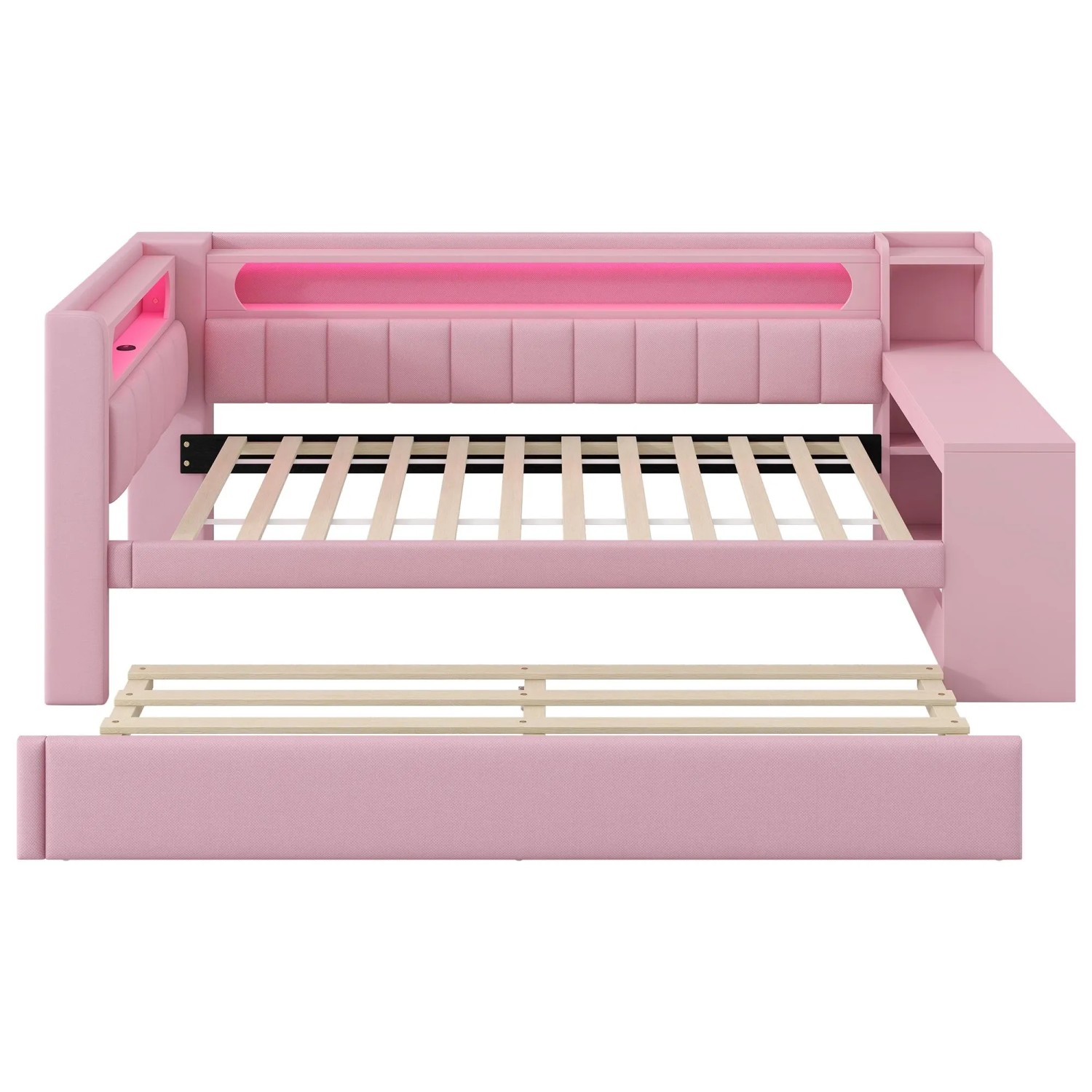 Merax Tagesbett 90x200 cm mit USB LED Ausziehbett Schreibtisch Rosa