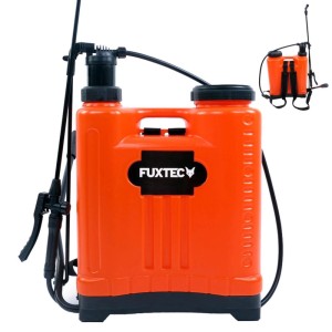 FUXTEC 20L Drucksprüher orange-schwarz mit Sprühlanze und gepolstertem Rückengurt für Pflanzenschutz.