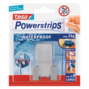 Tesa Waterproof Doppelhaken schmal, Edelstahl, mit Powerstrips. Klebehaken für Bad und Küche, bis 2 kg.