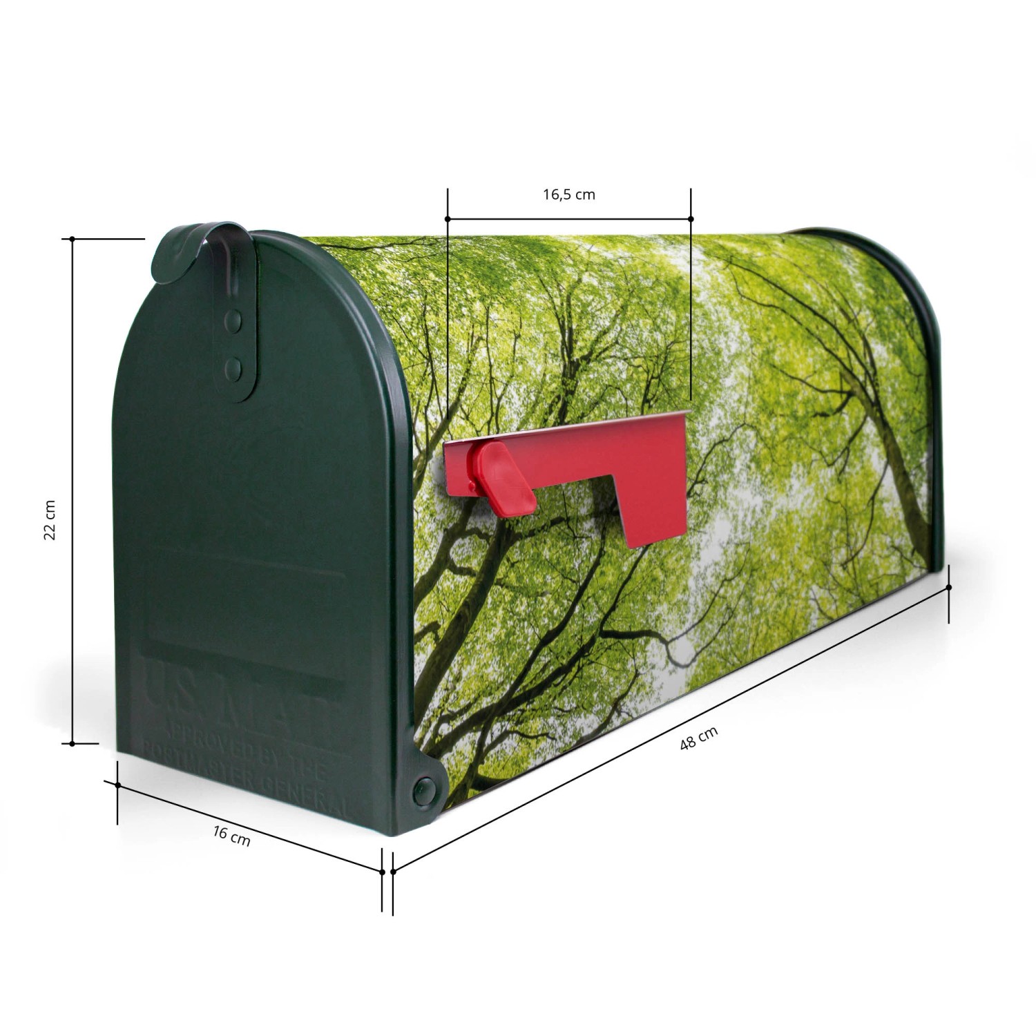Grüner Banjado US Briefkasten mit Baum-Motiv, Stahl pulverbeschichtet, rote Fahne.