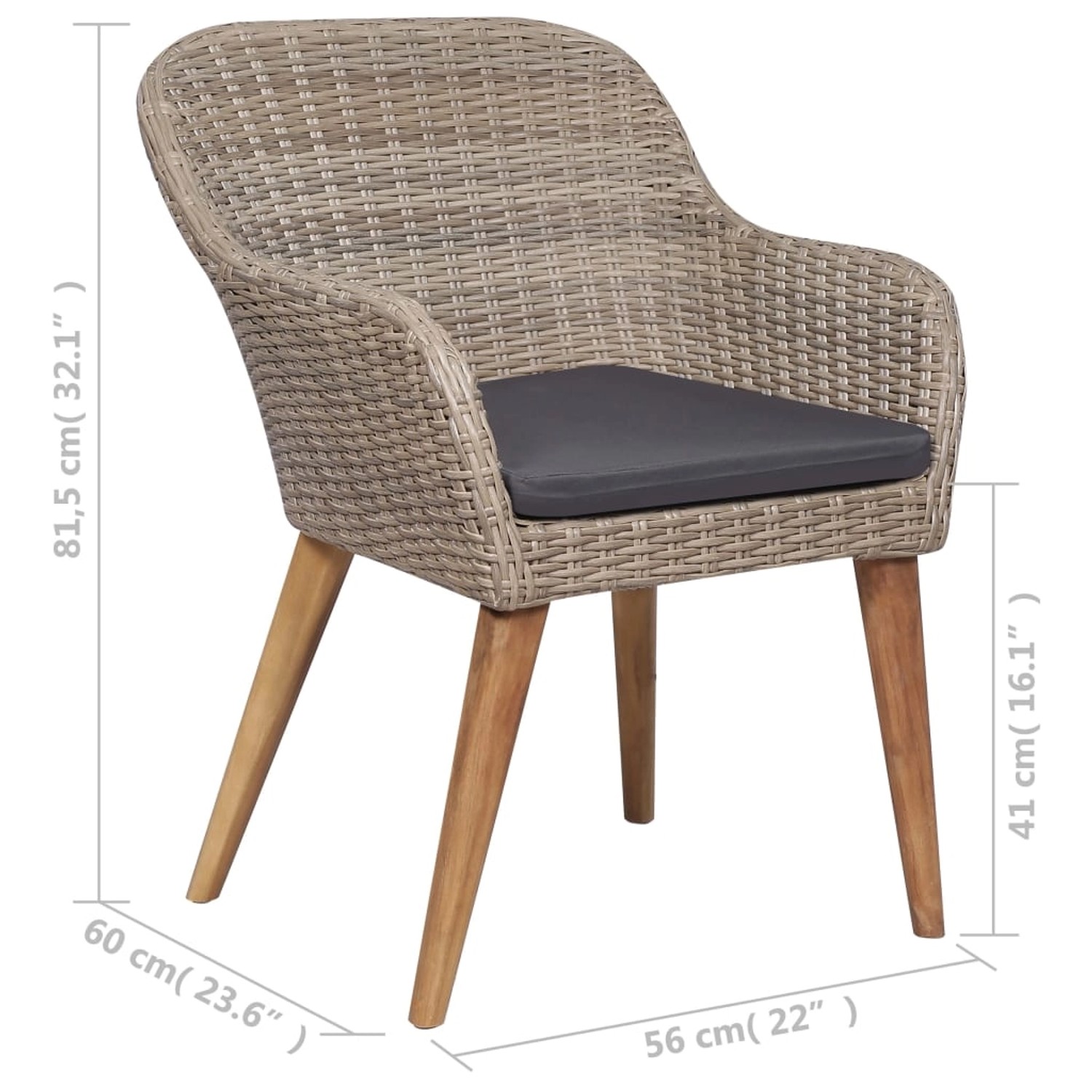 Brauner Gartenstuhl aus Rattan mit Akazienholzbeinen und grauem Kissen, Teil der vidaXL 7-tlg Essgruppe.