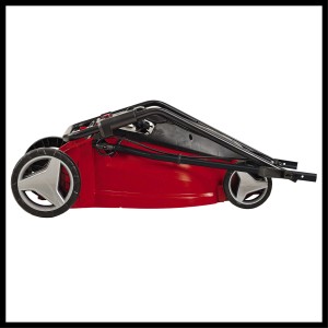 Zusammengeklappter Einhell Elektro-Rasenmäher GC-EM 1700/42 in Rot und Schwarz.