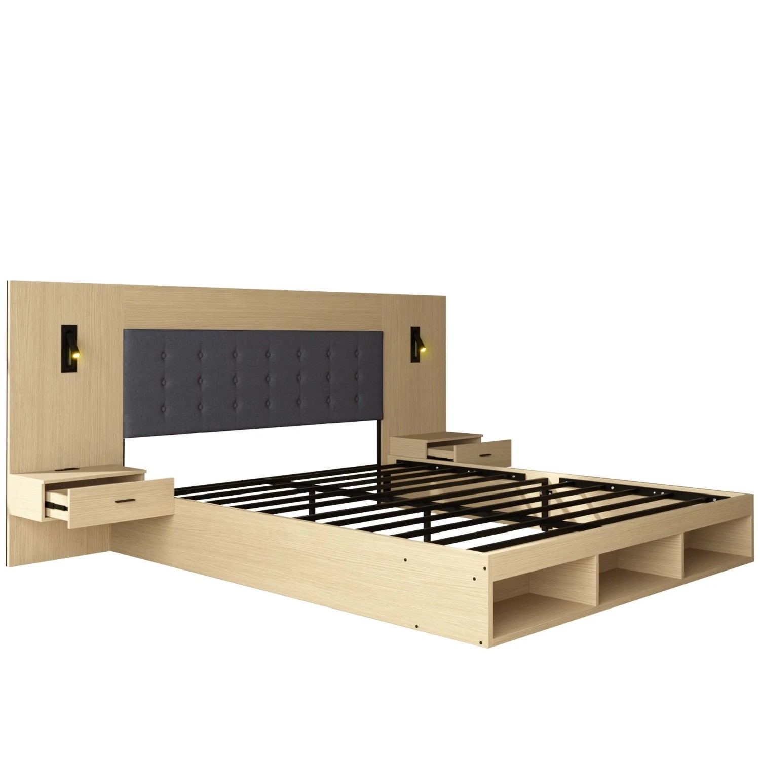Merax Holzbett 180 x 200 cm mit Stauraum USB Type C Leselampe 2 Nachttischen Eiche