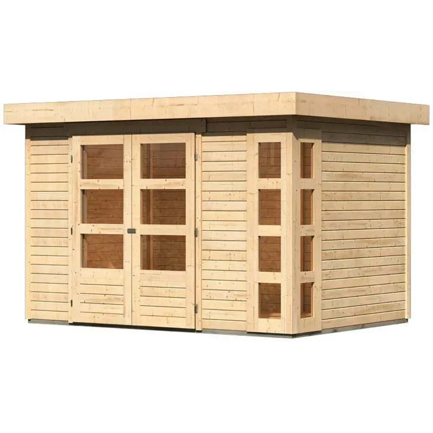 Unbehandeltes Karibu Holz-Gartenhaus Sölve mit Flachdach, 298x213 cm. Gartenhaus aus Holz mit Doppeltür und Fenster.