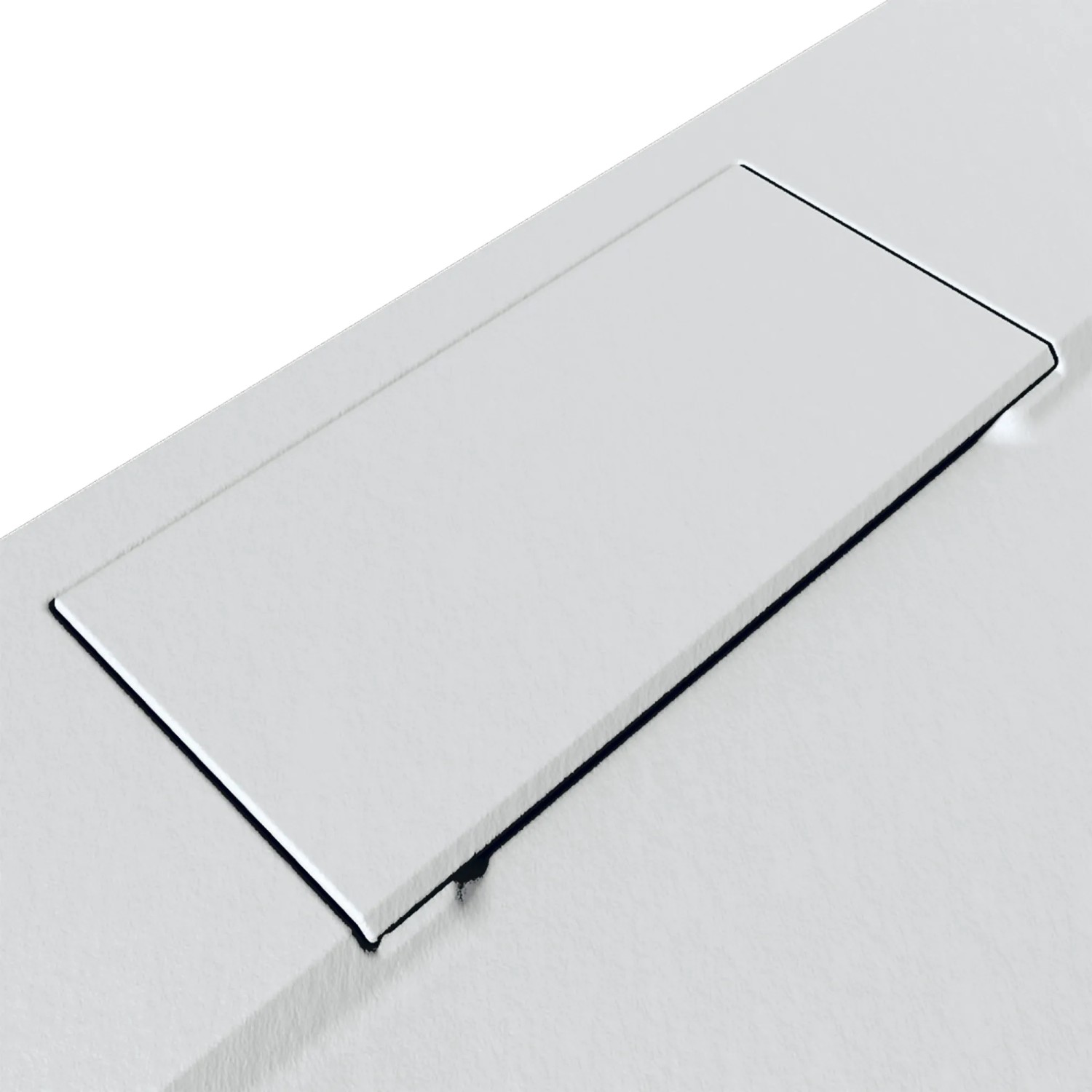 Detailaufnahme: Weiße Breuer LiteLine Duschwanne aus Mineralguss, quadratisch, mit Ablauf.