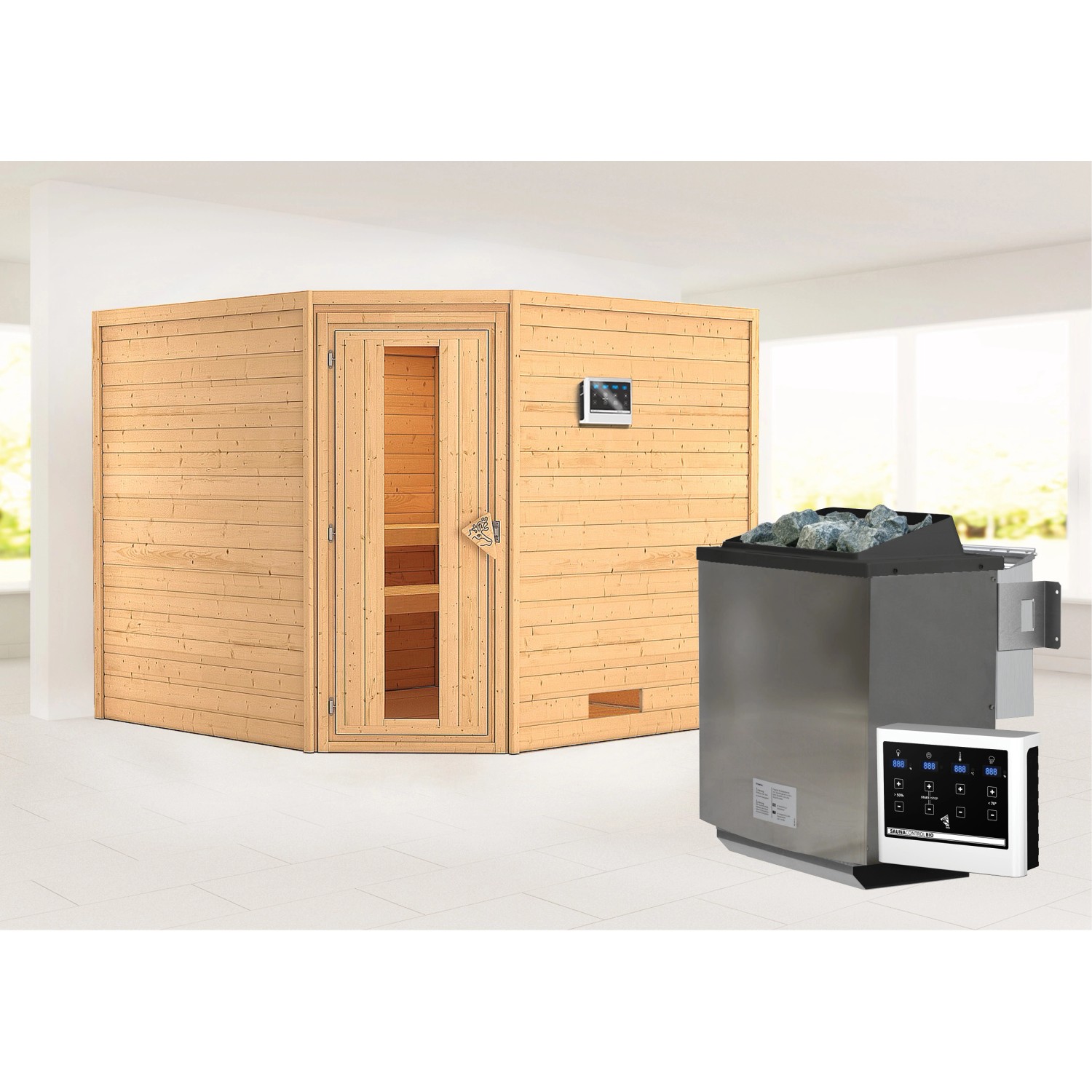 Karibu Sauna Leona mit Bio-Ofen externe Stg.Easy Natur