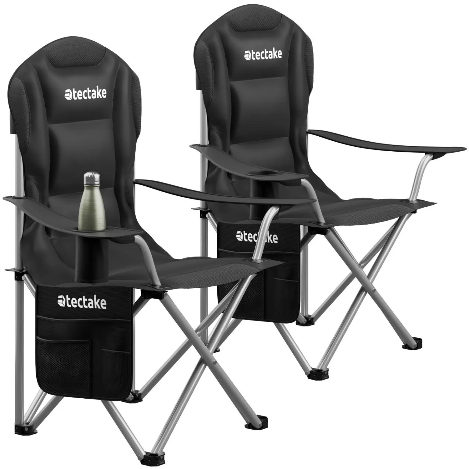 Tectake Gepolsterter Campingstuhl Mtx Faltbar  Inkl  Tragetasche Mit Getränkehalter und Seitentasche 2Er Set 55 x 88 50 x 103 cm Schwarz