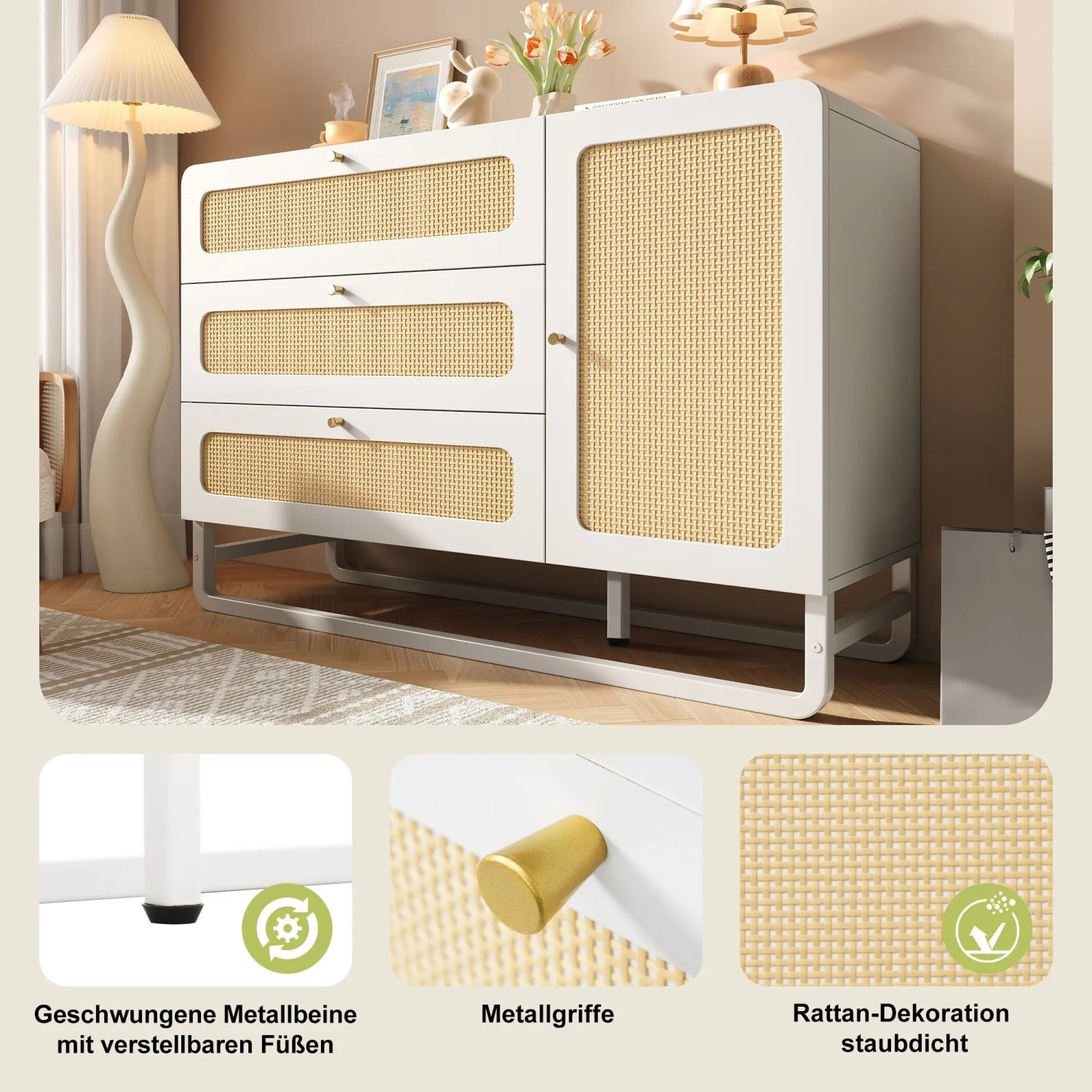 Weiße Merax Kommode mit Rattanfronten, goldenen Griffen, drei Schubladen und einem Schrank. Für Wohnzimmer.