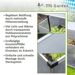 TTL Garden Frühbeet-Aufsatz aus Aluminium mit Polycarbonatplatten für Hochbeet, Detailansichten.